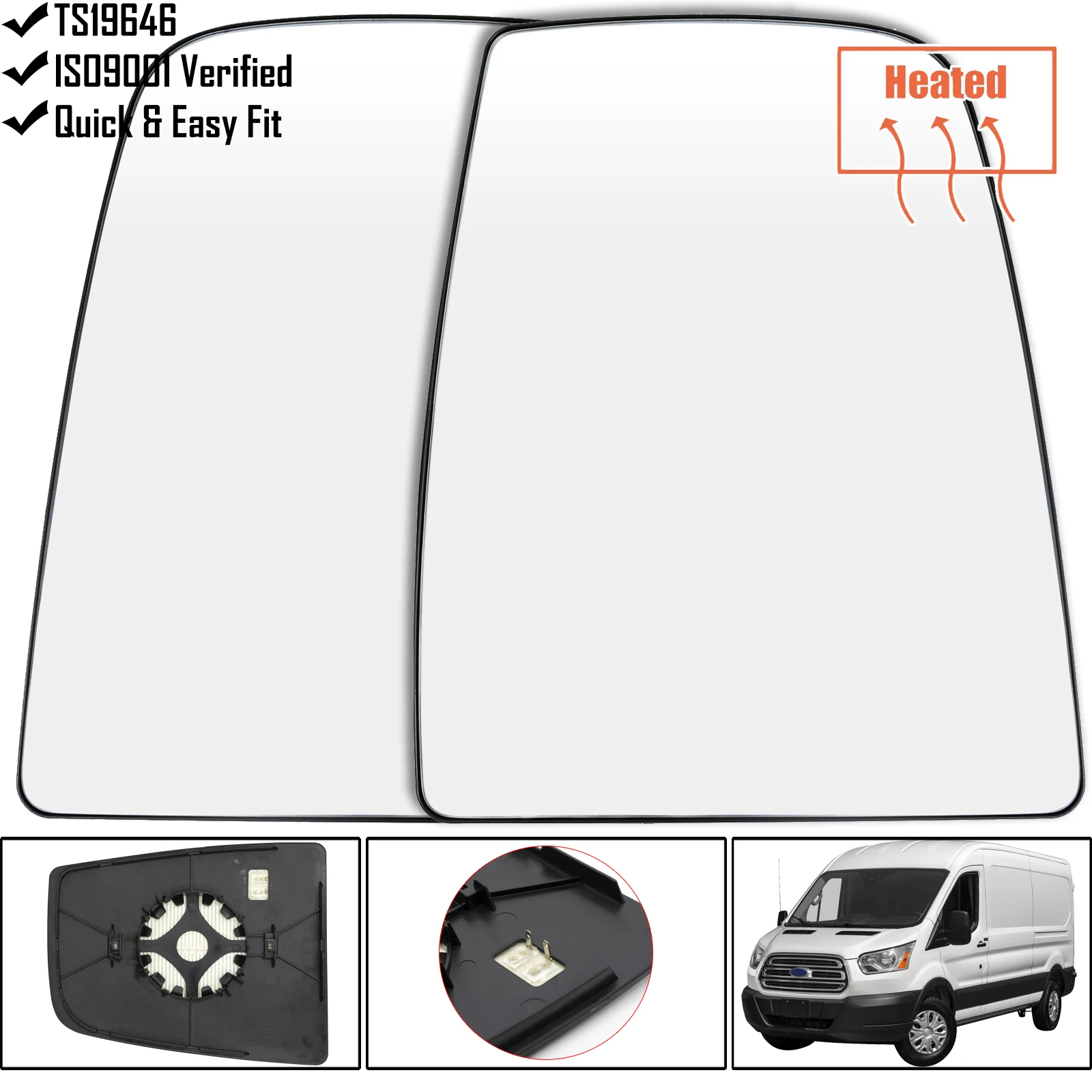 

For Ford Transit Mk8 2014- 150 250 350 Tourneo T Series Pair Left Right Door Side Wing Mirror Glass Exterior Convex Upper Clear