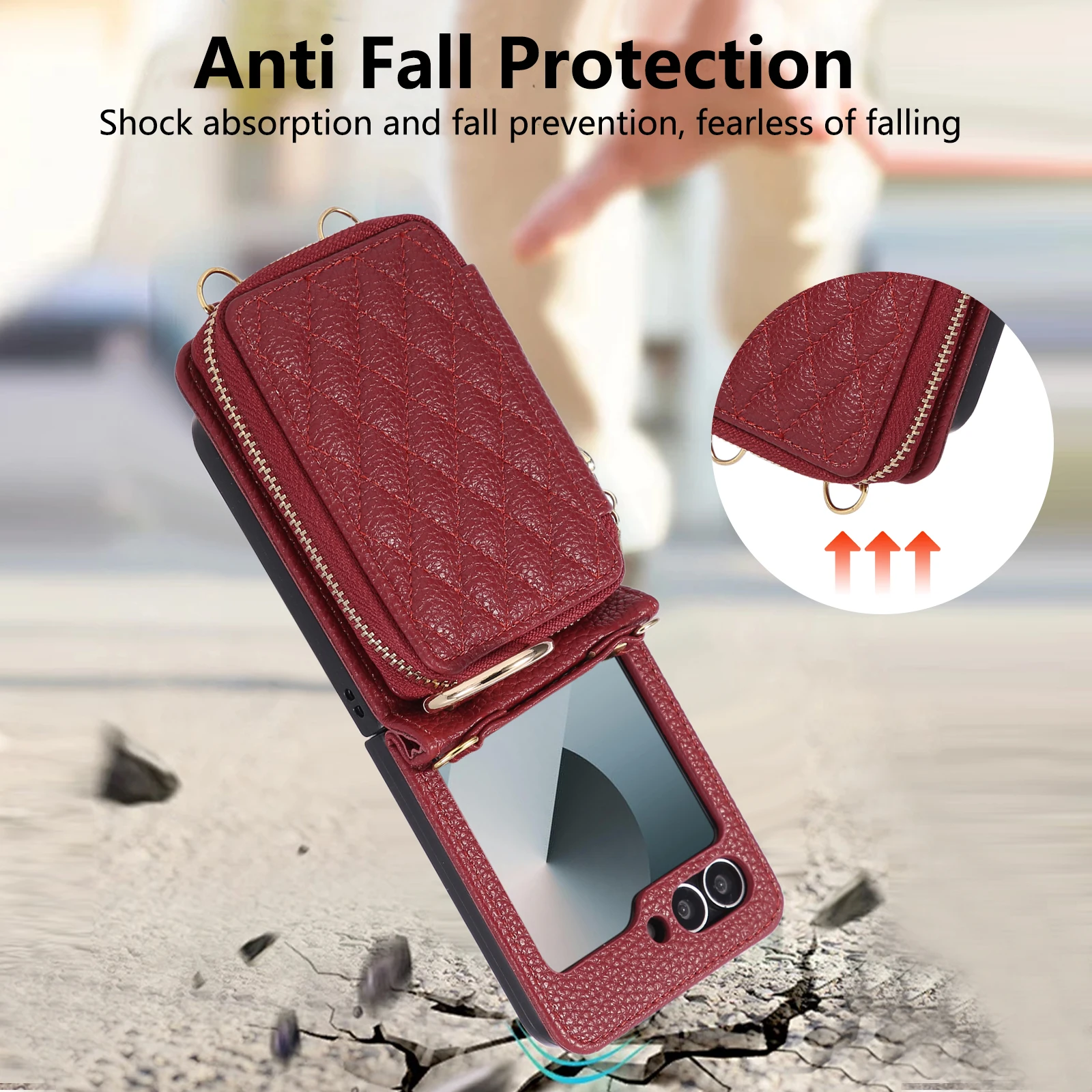 Bandolera con cremallera tarjetas Solt cartera Funda de cuero para Samsung Galaxy Z Flip 7 7FE 6 5 4 3 bolsa con cordón largo cubierta de soporte de anillo de rejilla