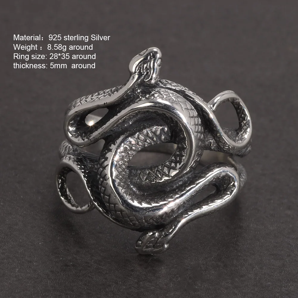 Real 925 Sterling Silver Snake Rings for Men Women TV Drama Natural Born Killers Retro Punk Fine Jewelry Best Gift For Fans