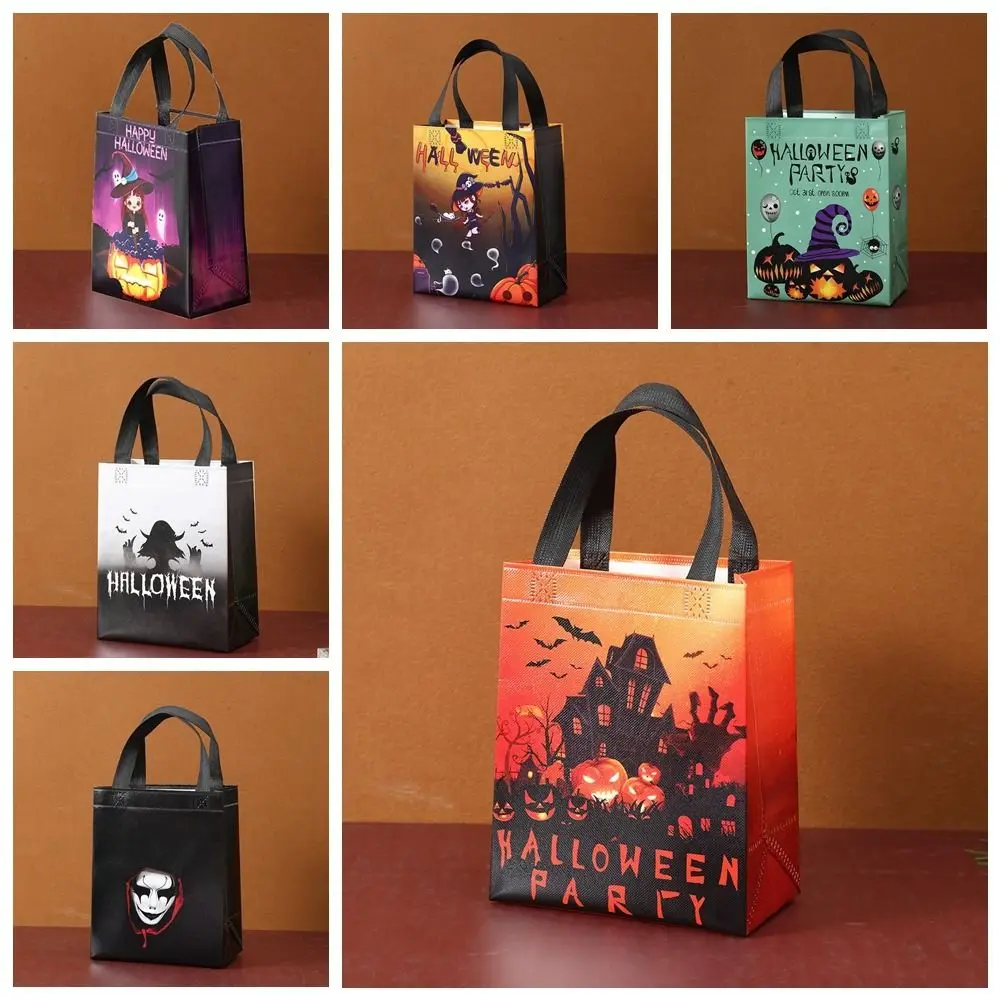 Bolso de mano no tejido con estampado de diablo para Halloween, bolsa de regalo de gran capacidad con diseño creativo de murciélago de dibujos animados y calabaza para compras