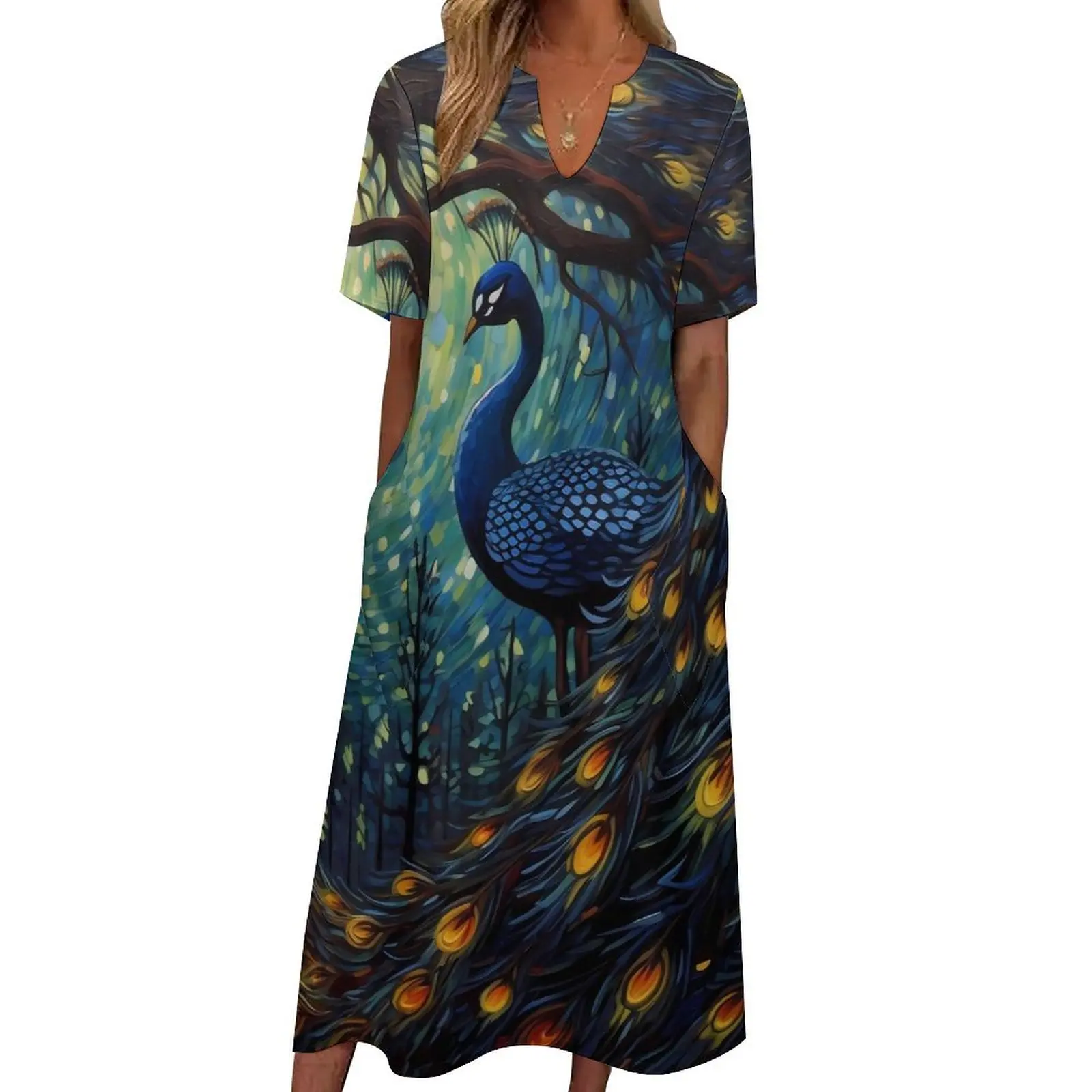 Fantasia pittura su abito pavone Abito maxi elegante con scollo a V Design Boho Beach Abiti lunghi Abbigliamento da strada Vestido di grandi dimensioni