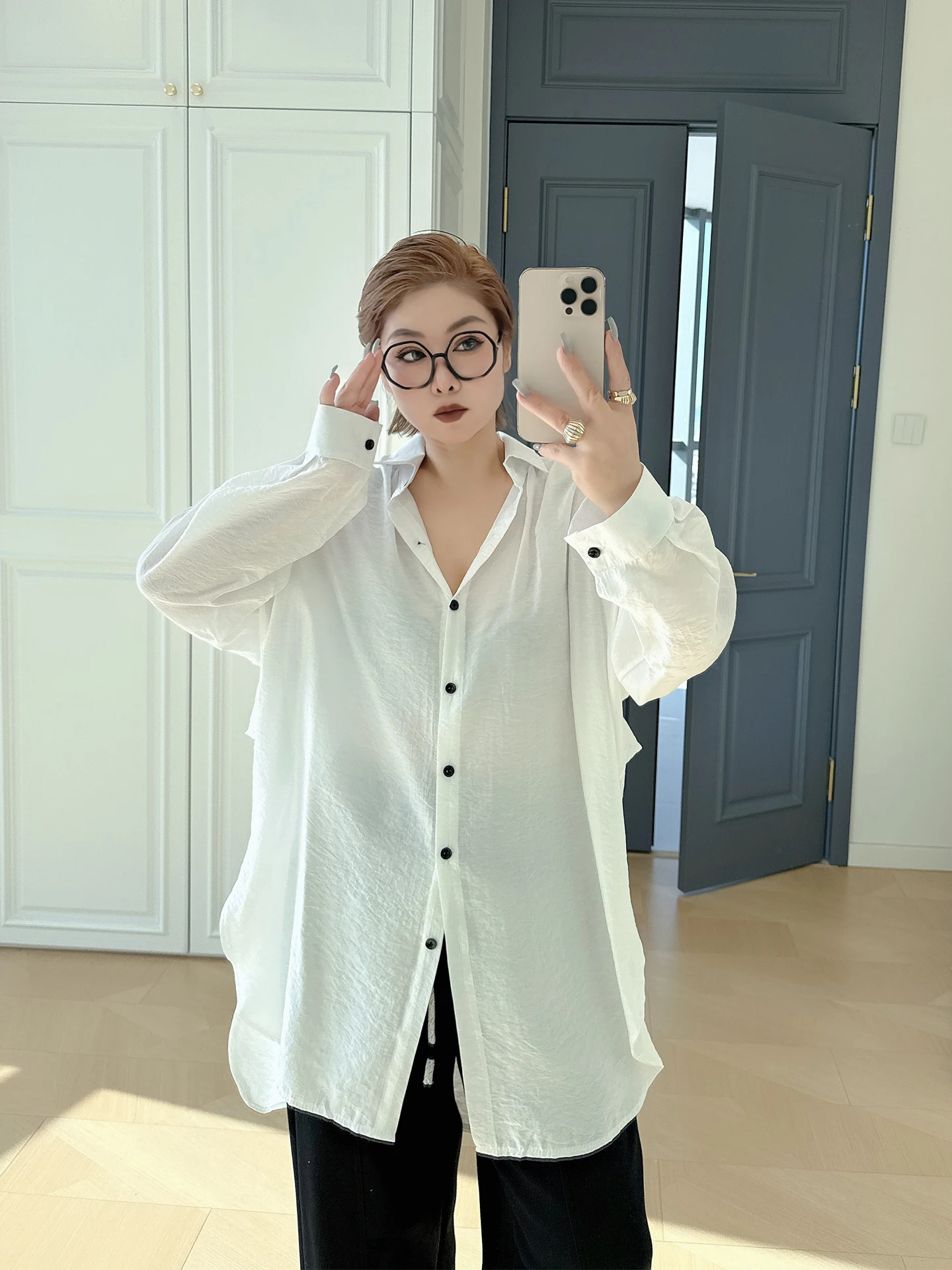 

Loose Casual Long Sleeve Shirt plus Size Women's Fake Two-Piece Medium-Length Artistic Sun Protection 200 Pounds Fat MM Slimm...