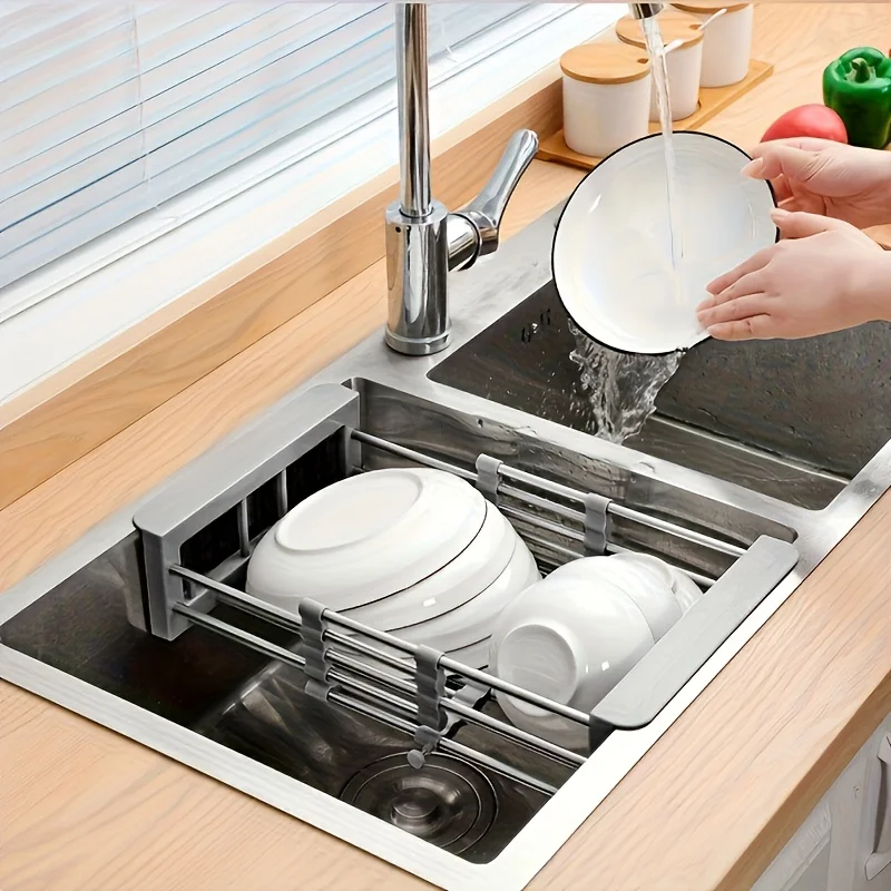 Retractable Stainless Steel Sink Drain Basket Kitchen Vegetable Washing Bowl Dish Storage Drain Rack Household Goods