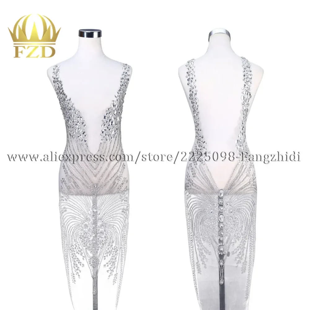 FZD 1 Set Front and Back Crystal Bridal Applique Bodices Patches Rhinestone Appliques Beads  Stripes for Clothes Dress Patch DIY