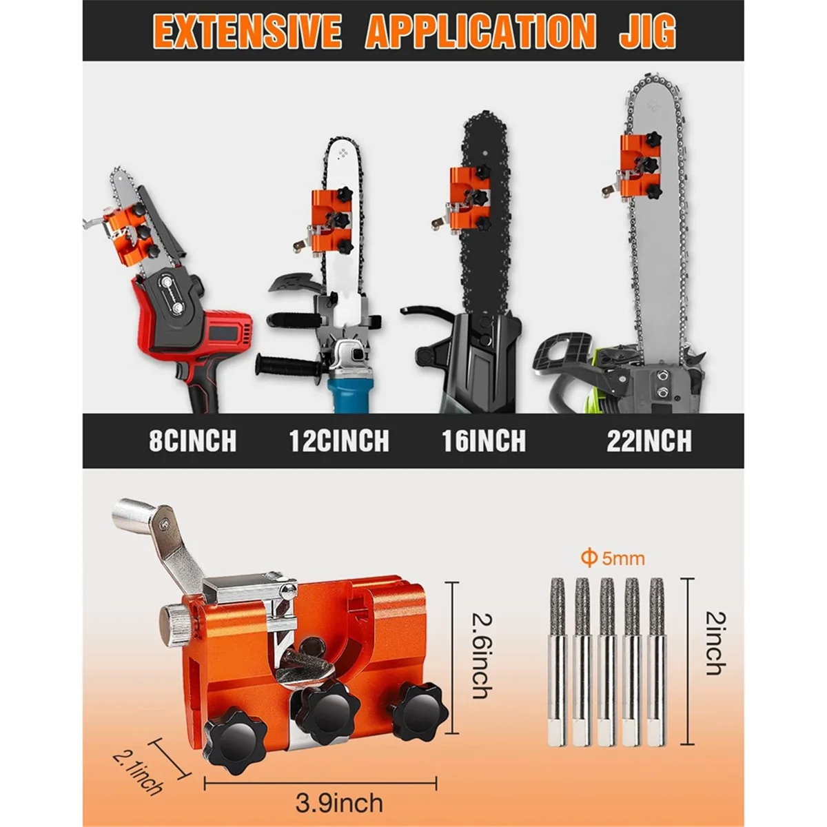 Chainsaw Sharpener Jig, Portable Chainsaw Chain Sharpening Kit with 5 Sharpen Rods for Chain and Electric Saws