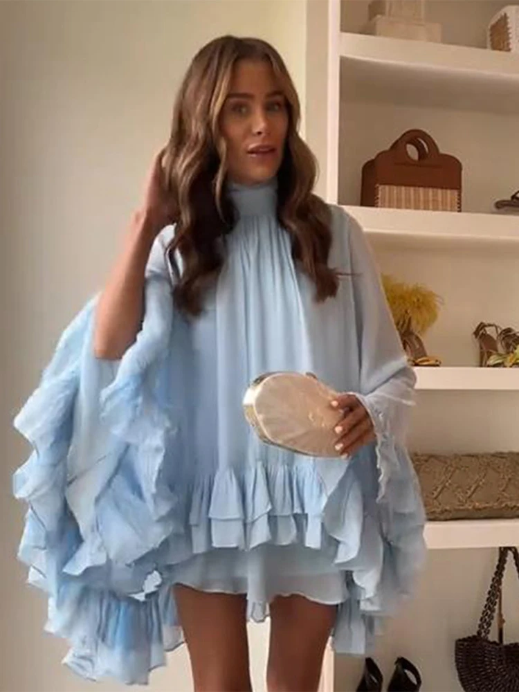 

2026 Spring Summer Solid Lady RobesElegant Ruffles Hem Mini Dress Women Stand Collar Long Flare Sleeve Lace Up Party Dresses