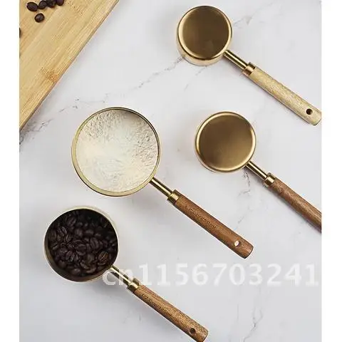 4/8pcs Stainless Steel Measuring Cups And Spoons Wooden Gold Food Coffee Flour Scoop Kitchen Scale Baking Cooking Gadget Sets