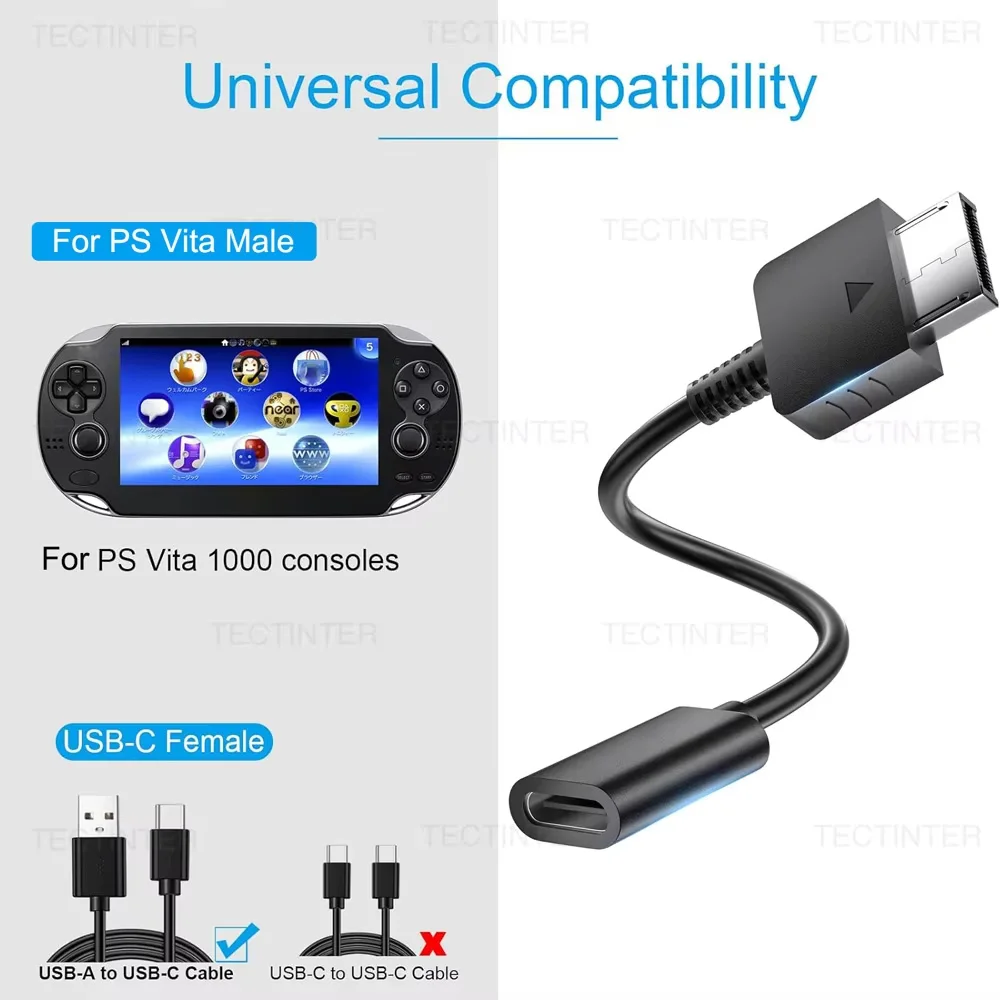 Adaptador de Carga para Consola PS Vita 1000, Cable USB C Tipo C con LED, Cable de Alimentación para Accesorios de Playstation Vita 1000