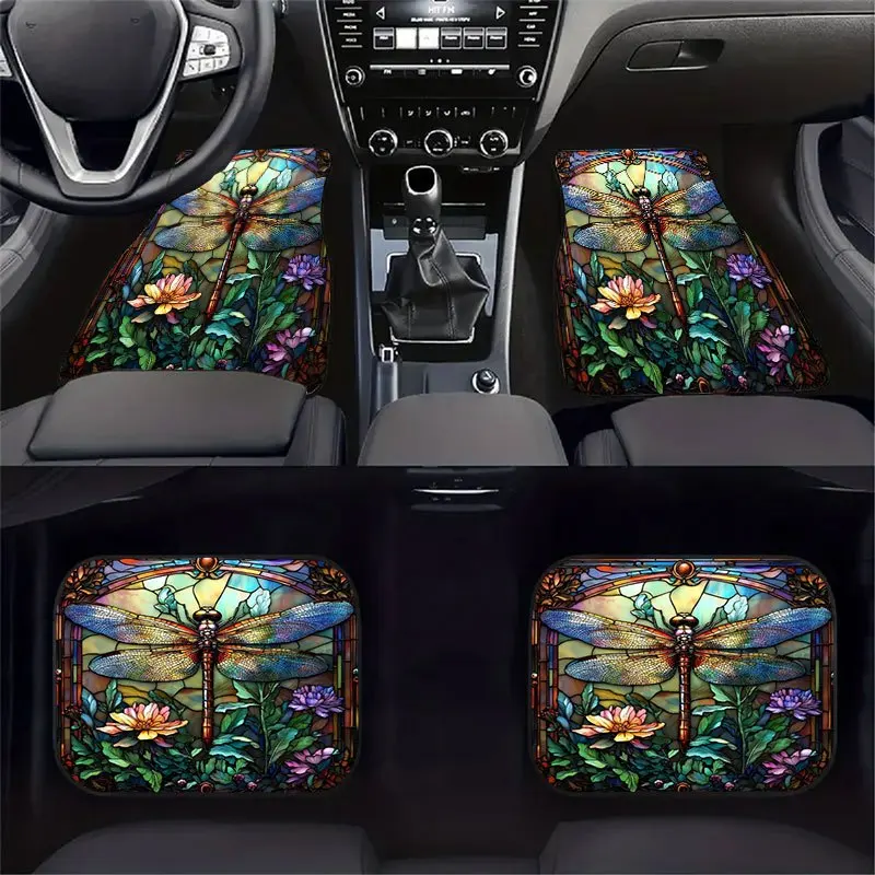 4pcs Stained Glass Dragonfly & Floral Car Floor Mats Set - Crystal Velvet Anti-Slip Design, Fit All-Weather Protection, Vibrant