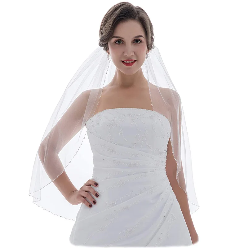 Fashion Crystal Wedding Veil One Layer Beaded Edge Women Bridal Veil Short with Comb  Wedding Accessories