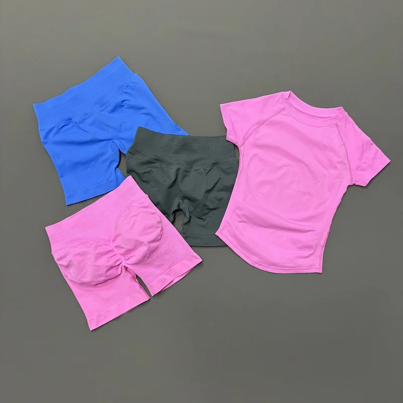 2 Pieces HISTELLO Impact Gym Set Women Seamless Yoga Short Sleeve Top Scrunch Butt Lifting Sports Shorts Running Workout Suit