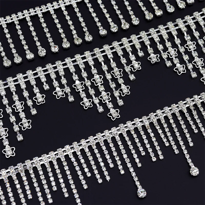 Rhinestone Fringe Trim Star Rhinestone Ribbon Long Tassel Diamond Crystal Chain for Sewing Craft Wedding Dress Jewelry DIY Decor