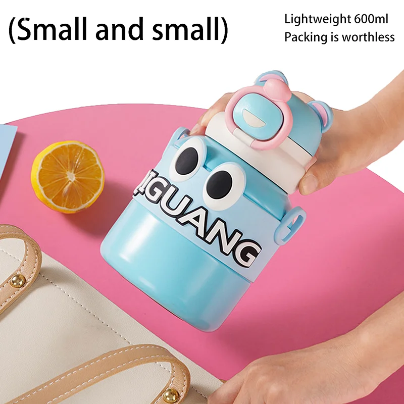 แก้วเก็บความร้อนสําหรับเด็กขนาด 600 มล. 316 สแตนเลสการ์ตูนน่ารักถ้วยน้ําฝาคู่