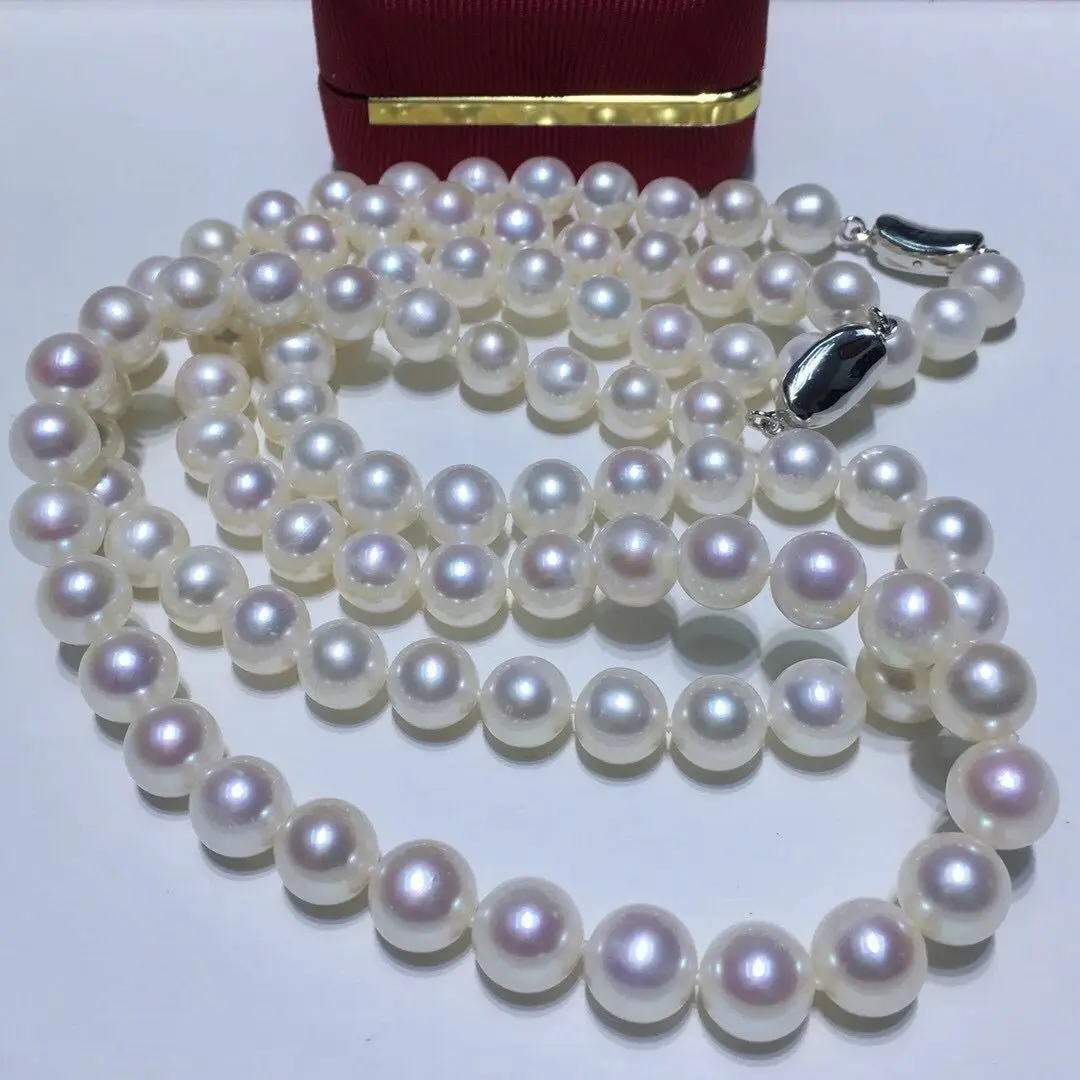 a large number Noble Elegance AAAAA 9-10mm South Sea Round White Pearl Necklace 18 inches  925