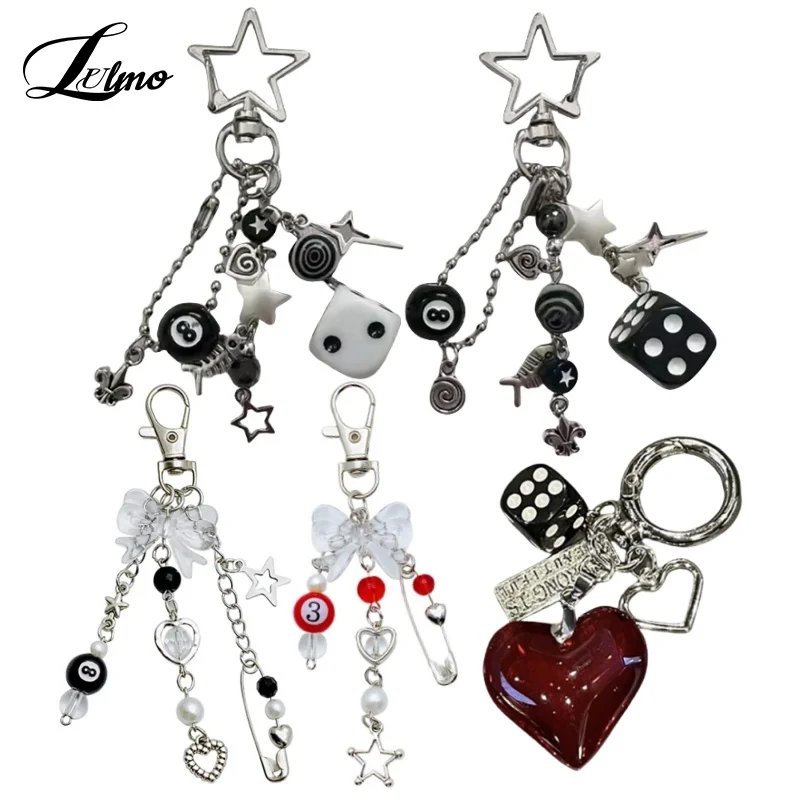 Handmade Cluttered Rockstar Gf Edgy Black Black & White Dice Keychains Grunge, Deftones, Beaded Jewelry, Bag Pendant, Emo, Y2k,