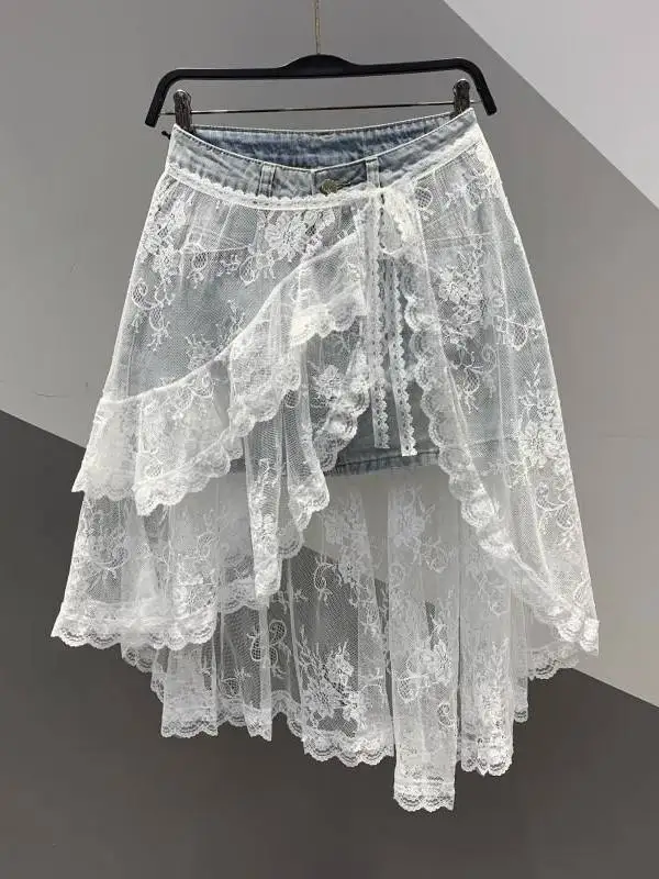 Women's Fashion Age-reducing Splicing Lace Denim Skirt Summer High-waisted Slim Skirt