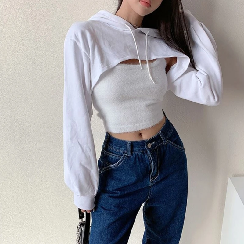 Women Long Sleeve Cropped Hoodies Sweatshirt Aesthetic Punk Dance Solid Color Casual Loose Pullover Super Crop Top Streetwear