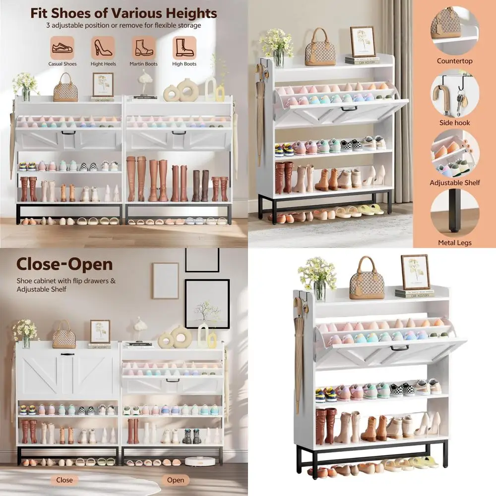 

Белый деревянный напольный шкаф для обуви с откидным ящиком и регулируемой полкой для прихожей и коридора