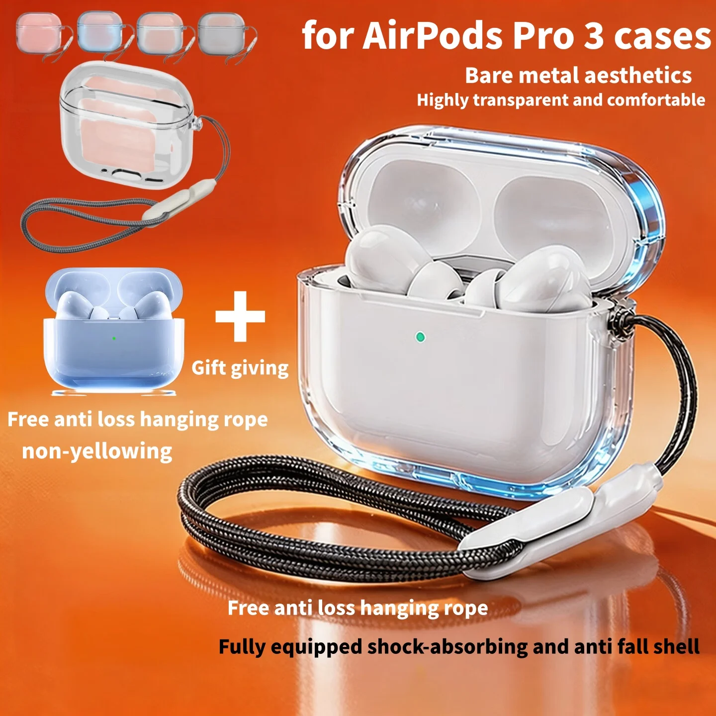 For Airpods Pro 3 2nd Generation Air Pods 4 2024 Gen Case Accessories Clear Soft TPU Earphone Cover with Lanyard Strap