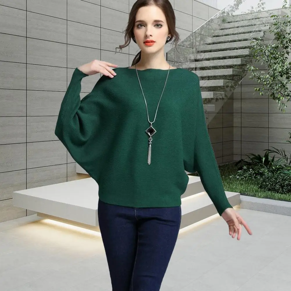 Women Sweater Solid Color Batwing Sleeve Sweater Elegant Batwing Sleeve Women's Sweater Knit Top for Spring/autumn Loose Fit