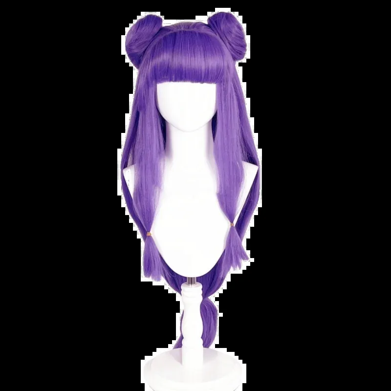 Anime Ranma Shampoo Cosplay peluca Ranma 1/2 champú peluca púrpura cola de caballo larga con bollos pelucas de Halloween pelucas de estilo chino