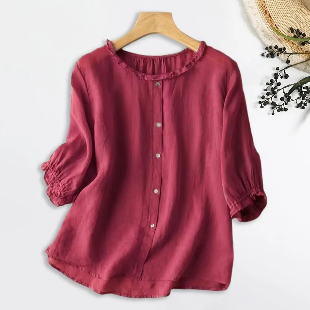 

Round Neck Top Solid Color Ruffle Trim Three-quarter Sleeve Women's Blouse Loose Fit Round Neck Shirt with Button Detail Solid