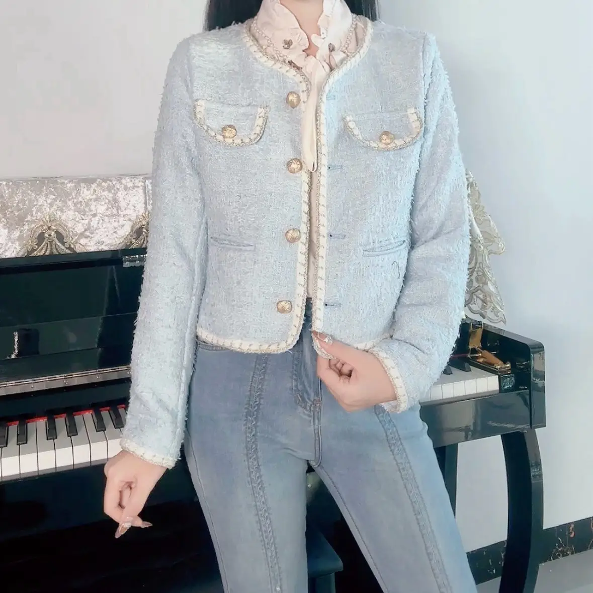 Handmade Beaded Fragrant Jacket Women's 2026 New Round Neck Temperament Celebrity Style Luxury Coats