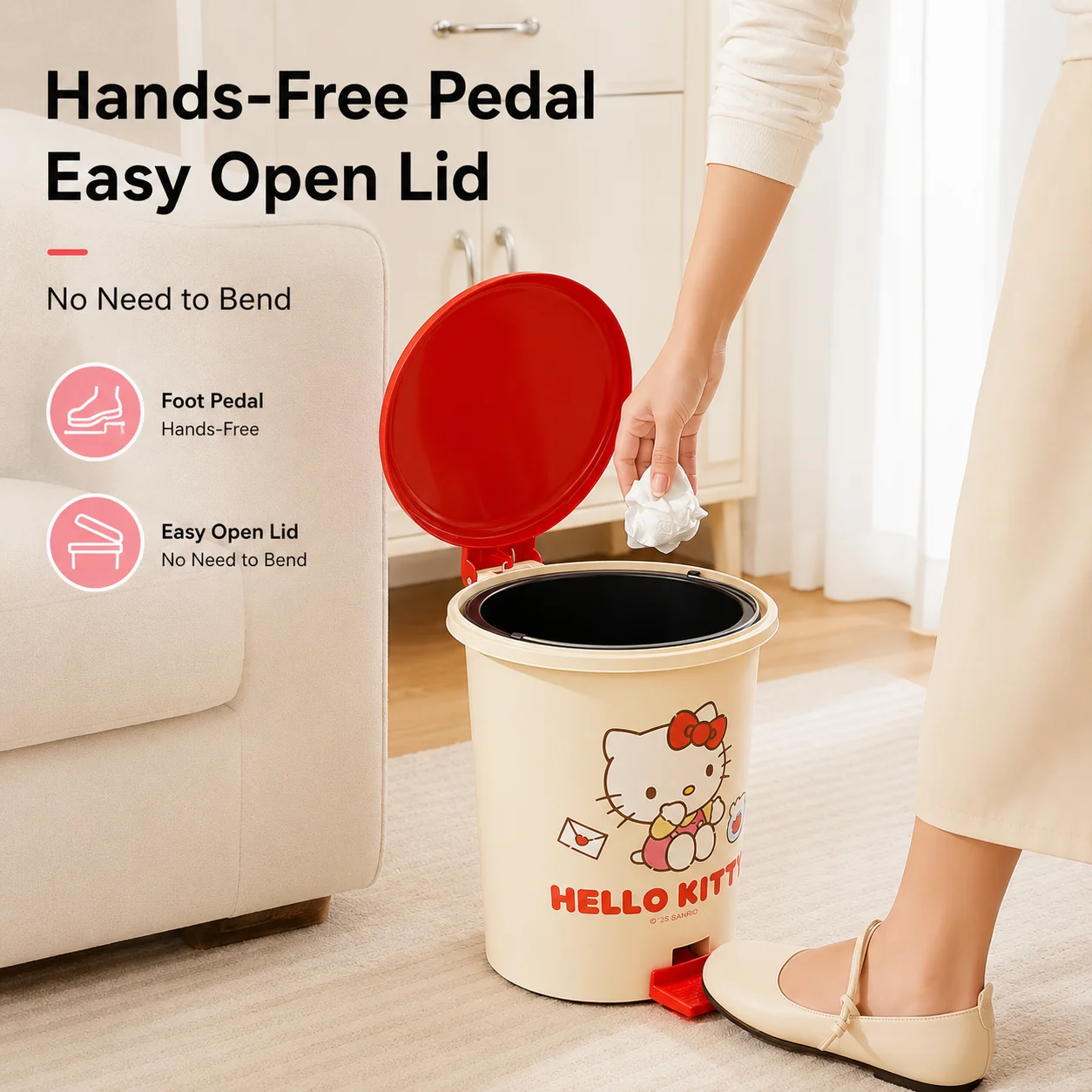 Sanrio My Melody Pedal Trash Can With Inner Bucket Cute Cartoon Portable Handle Waste Bin Household Kitchen Bathroom view 4