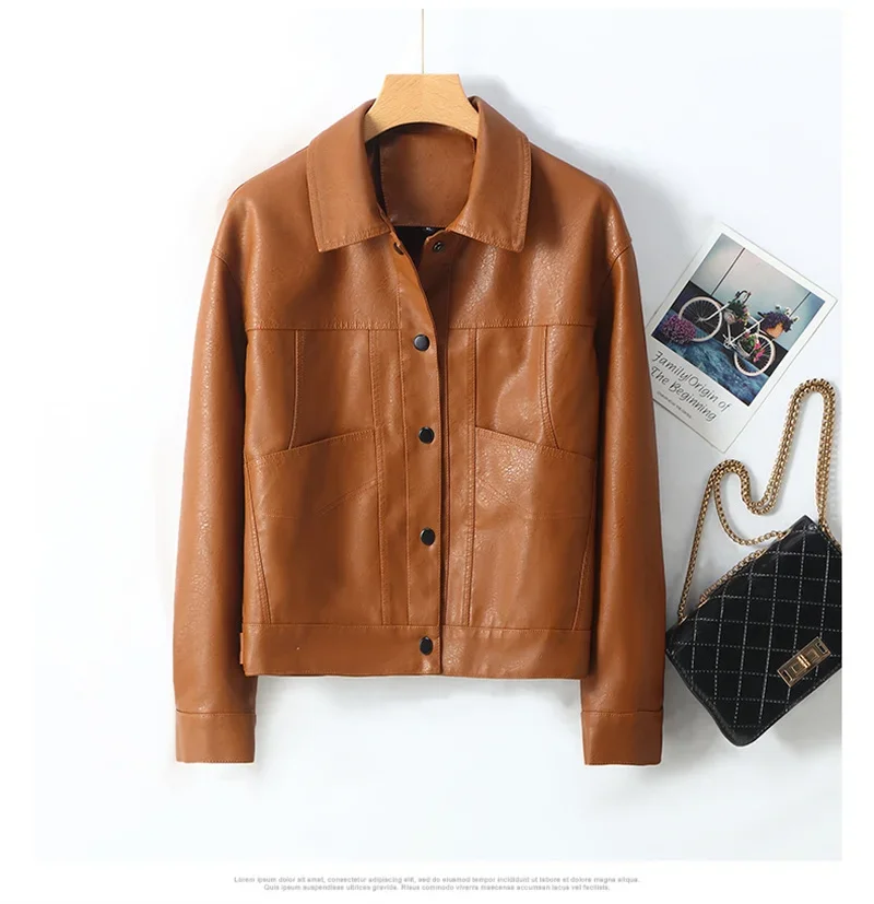 Spring and Autumn Women's Leather Lapel Button Korean Version of Women's Coat Female Motorcycle Leather Jacket
