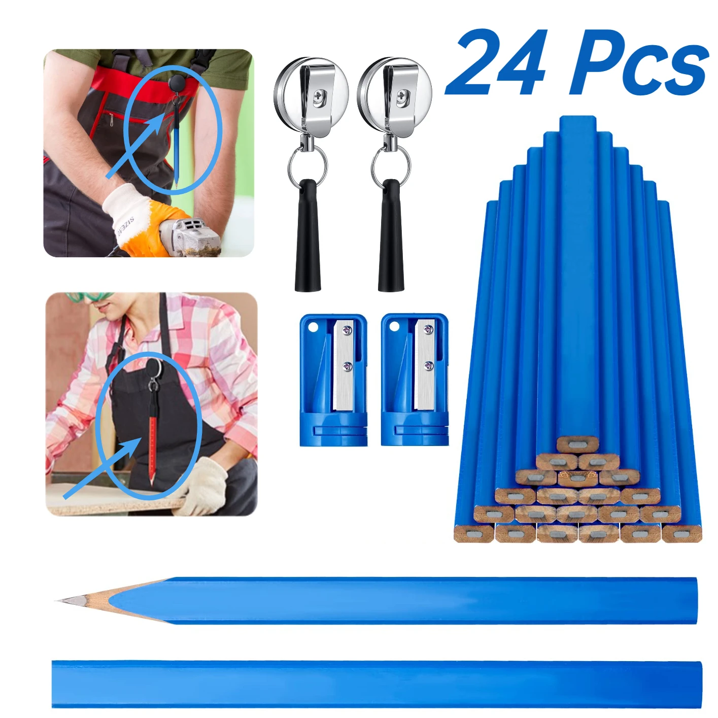 24 Pcs Carpenter Pencils 7-Inch Octagonal Hard Black Construction Flat with Retractable Pen Holder Sharpener Woodworking Marking