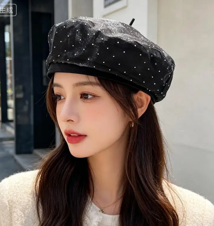 벨벳 풀 다이아몬드 베레모 여성용, 블랙 레트로 문학 레이디 따뜻한 화가 모자, 가을 및 겨울