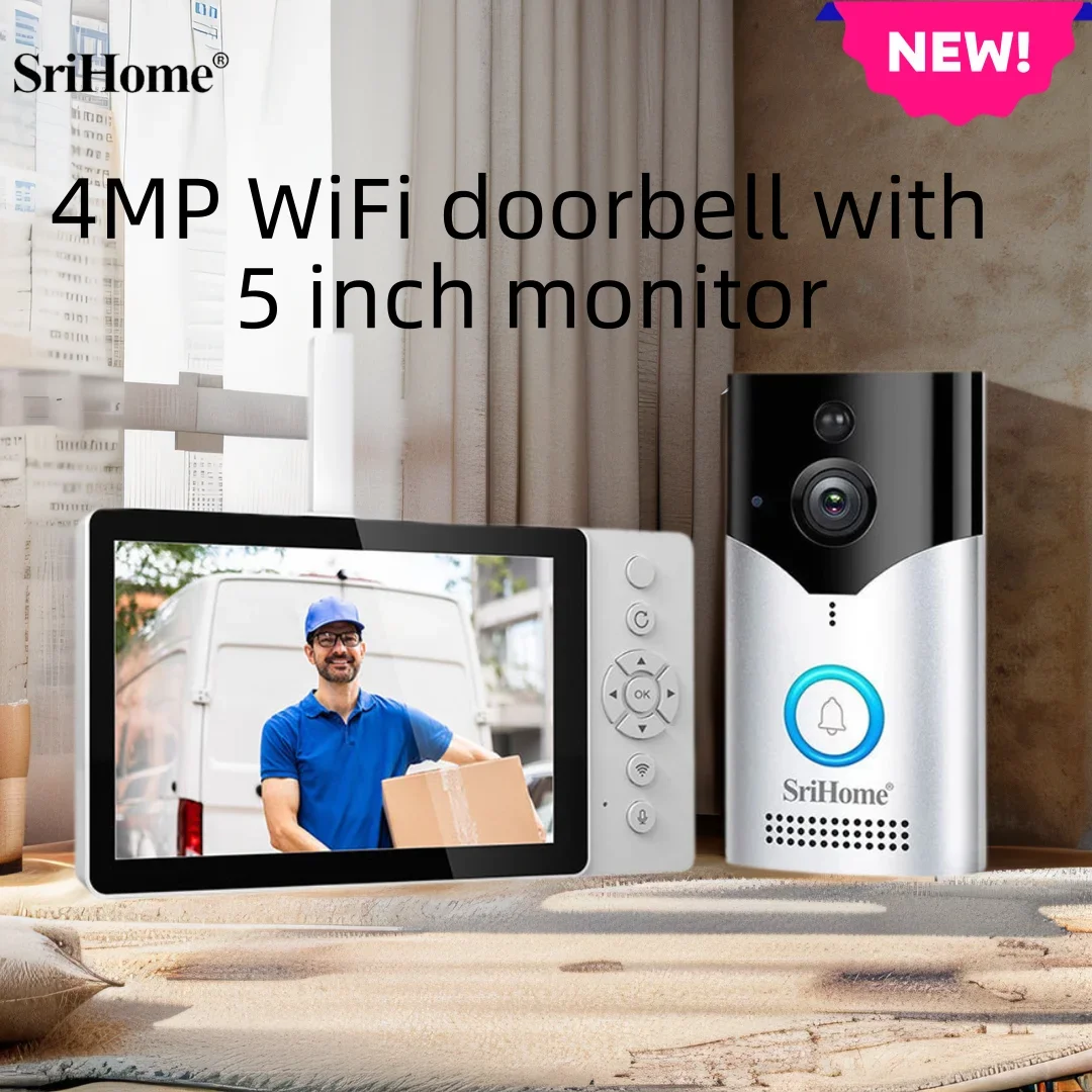 Srihome 4MP HD 5Inch Display Doorbell System Remote Phone Monitoring 5000mAh Video Intercom Night Vision Smart Wireless Doorbell