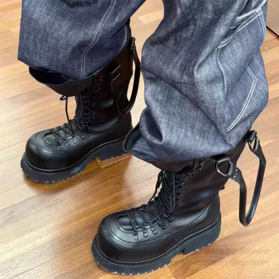 Handheld Boot for Couples Super Cool Big Toe Cross Strap High Top Lace Up Work Boot Men Black Leather Chunky Heel Knee High Boot - AliExpress 322