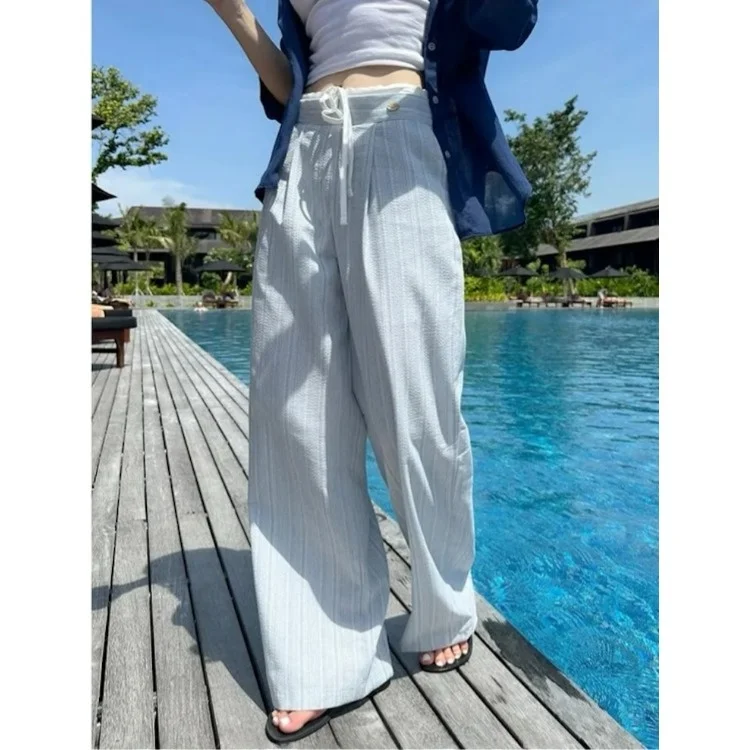 

Универсальные повседневные брюки в полоску с поясом для женщин, прямые брюки с высокой талией, осенний сезон, обычное тонкое полиэфирное волокно