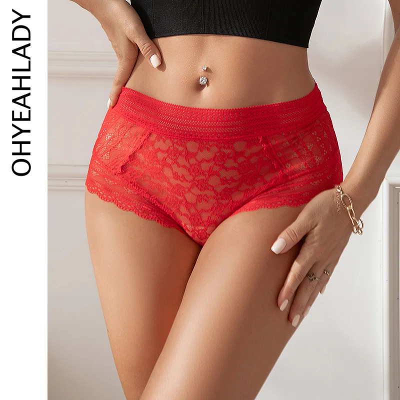 Ohyeahlady Floral Lace Women Underwear Solid Red Mid Waist See Through Briefs Breathable High Quality Hot Plus Size Sexy Panties