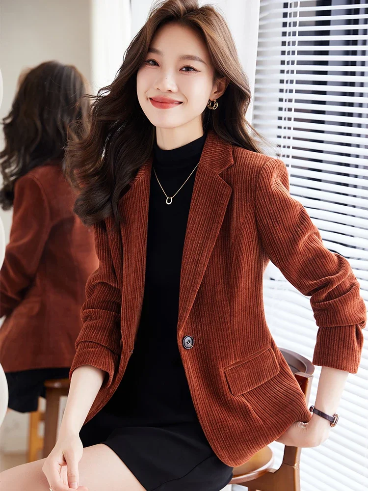 Chaqueta a rayas para mujer, Blazer de manga larga con un solo botón, color naranja, café y verde, ropa de trabajo Formal, abrigo de otoño e invierno, 2022