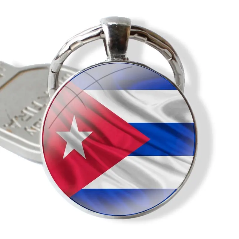 Keychain Handmade Glass Cabochon Key Ring Holder Pendant Key Chains Cartoon Creative Fashion Design Cuban Cuba Flag