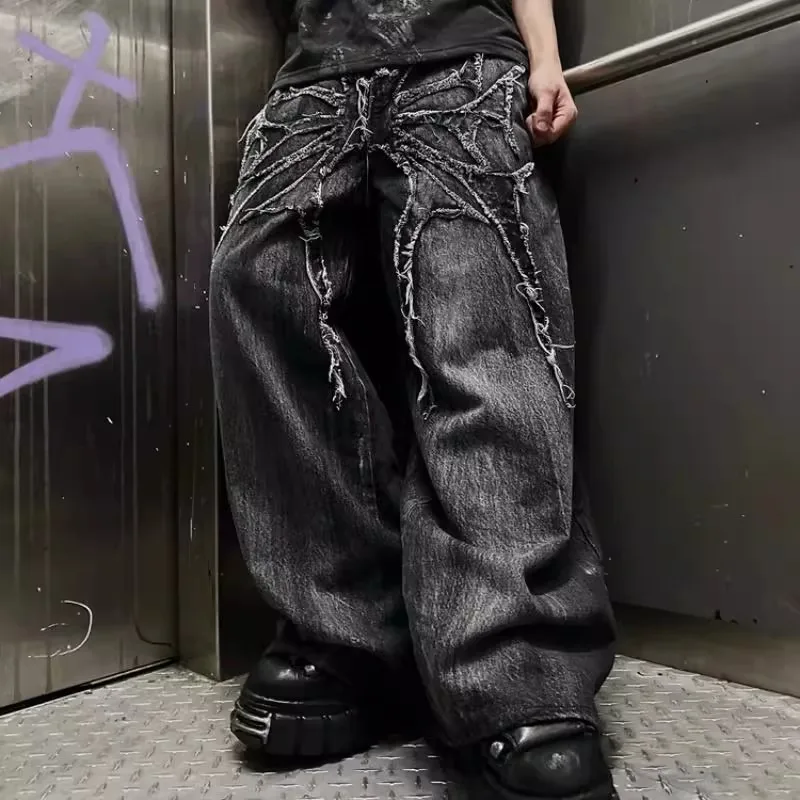 Street New Edge Embroidery Black Baggy Jeans Wide Leg Denim Pants Mens Y2K Harajuku Retro Graphic Patch Jeans Hip Hop Gothic Raw