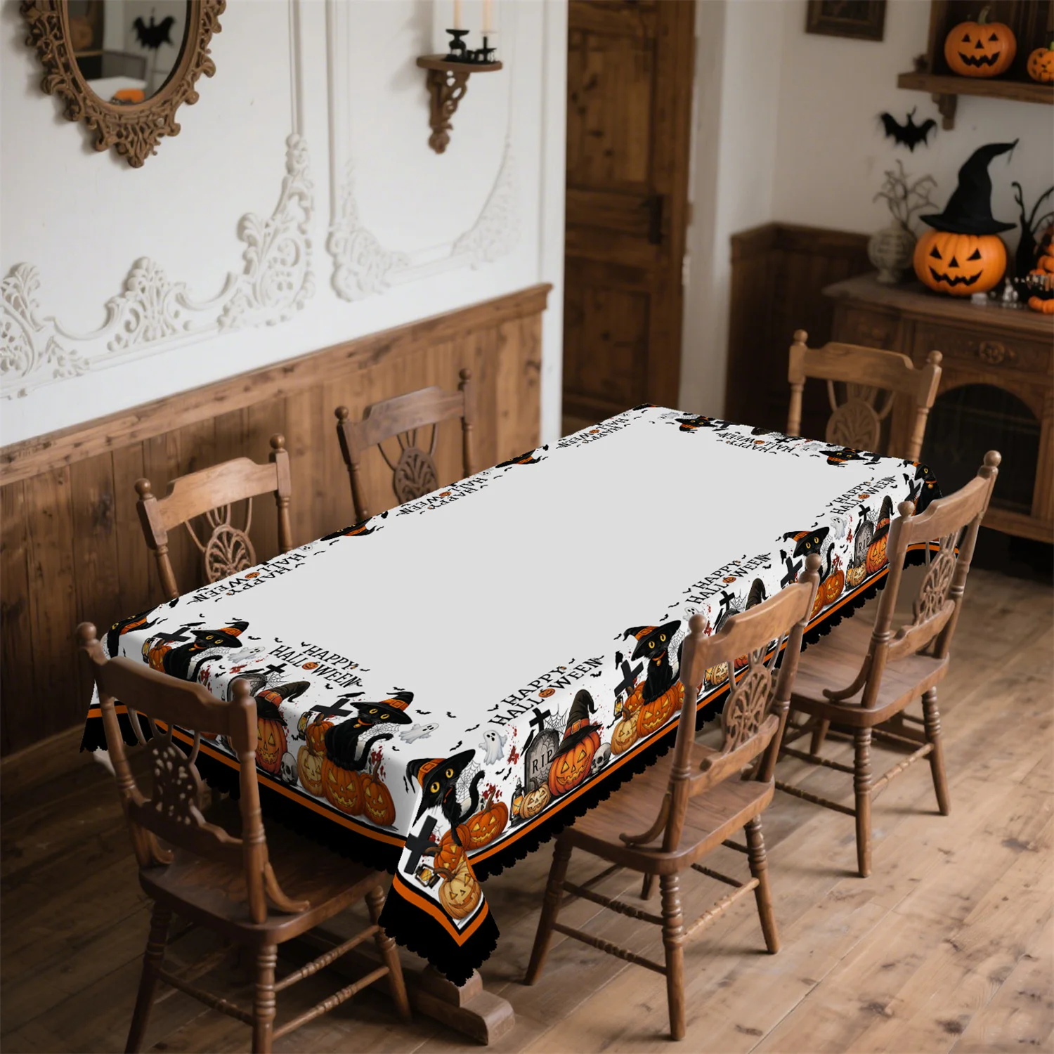 Halloween pumpkin lantern, witch hat, black cat, tombstone, skull, spider web tablecloth, suitable for rectangular shapezyc
