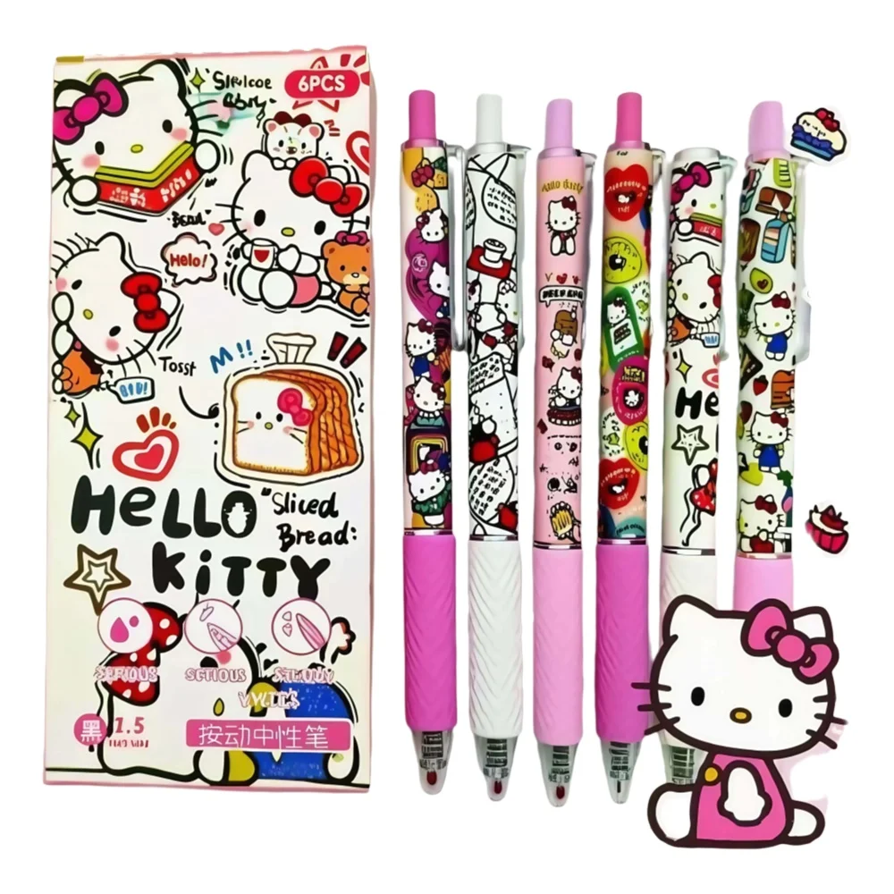 Stylos à Gel rétractables Hello Kitty, nouveau Style, pointe Fine de 0.5mm, encre noire, 6 pièces/ensemble | Écriture lisse, papeterie Kawaii mignonne pour S