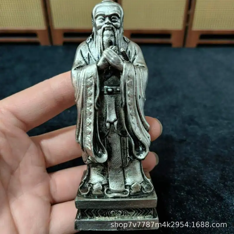 Silver-plated brass craft statue of Confucius for home and study room decoration
