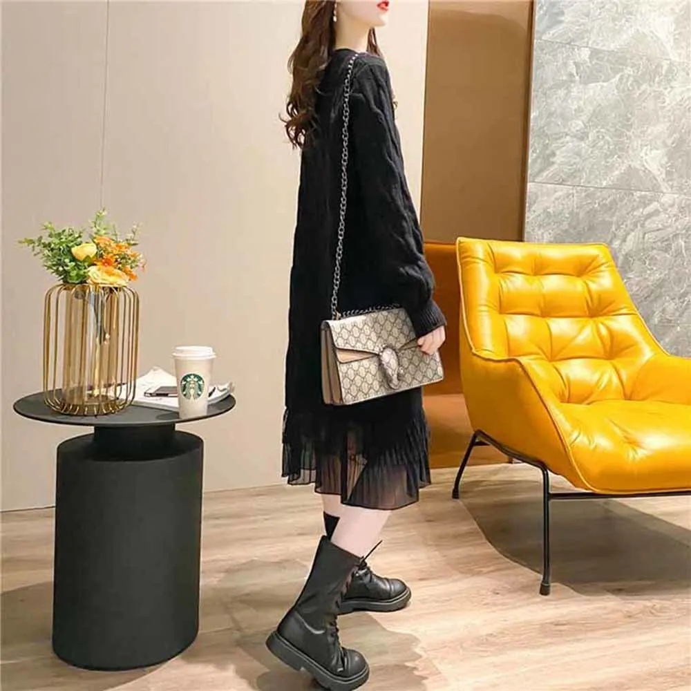 Medium Length Dress Women\'s Autumn Winter 2021 Solid Color Mesh Hem Stitching Knitted Bottomed Skirt Long Sleeve Dresses