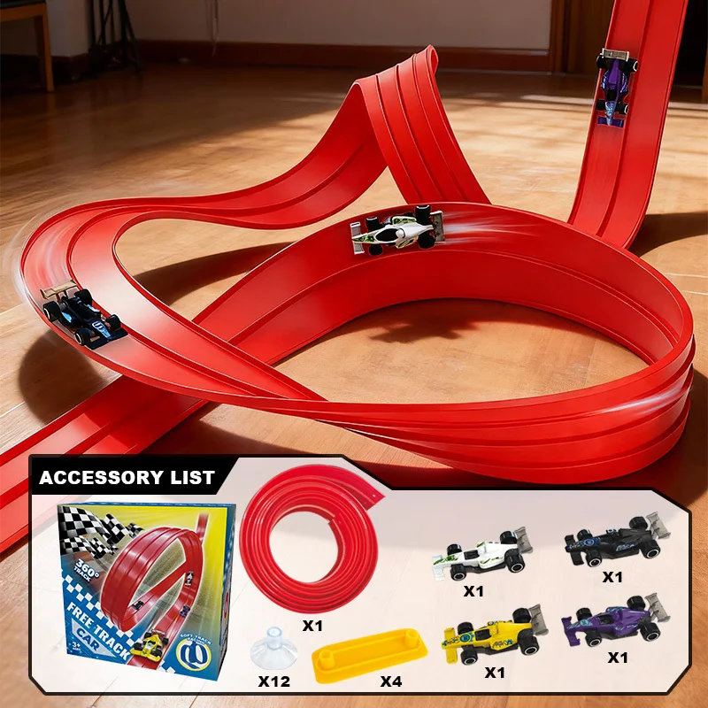 Double-track 4 Cars Compatible Portable Rolls Up Flexible Race Track Children Toys DIY Racing Cars Ramp Boys Birthday Gift