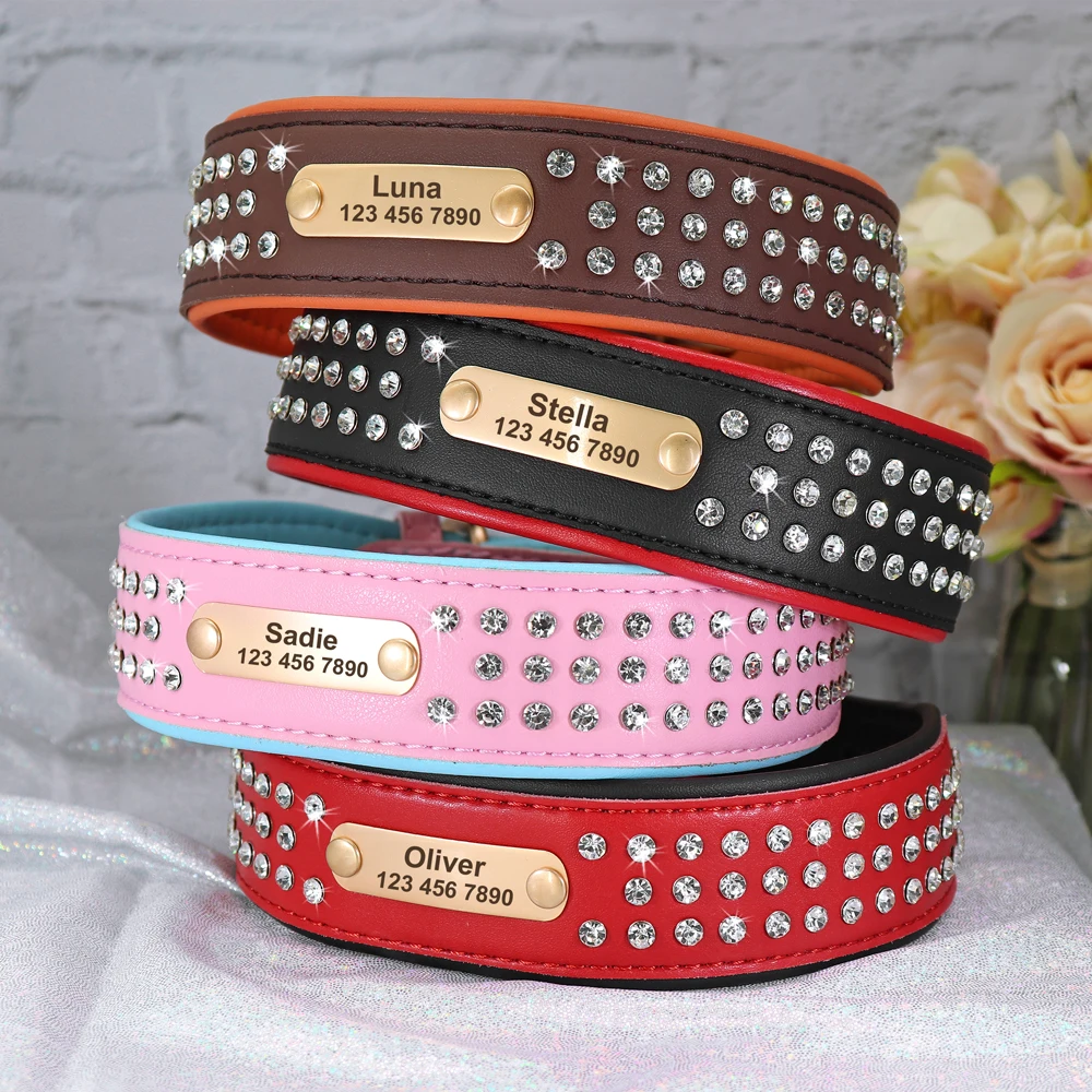 

Personalized Dog Collar Bling Rhinestone Leather Pet Collars For Small Medium Large Dogs Engraved Pet ID Nameplate Necklace