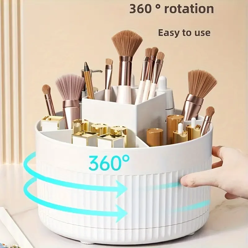 360° Rotating Makeup Storage Box White Large Capacity Desktop Makeup Organizer Home Cosmetic Brush Holder Lipstick Pencil Holder