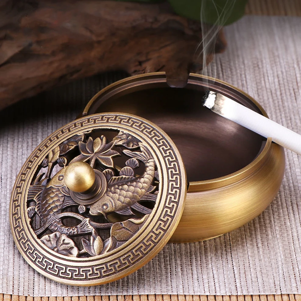 

New Chinese style brass ashtray with lid, Pure copper coil incense burner, Windproof ashtray, home aromatherapy ornament