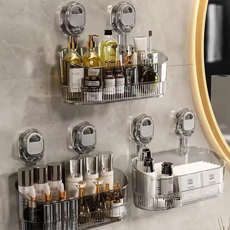 Shower Rack Suction Cup Transparent Bathroom Organiser Multi-functional Suction Cup Wall Mounted Shelf No Hole Drainage Shelf