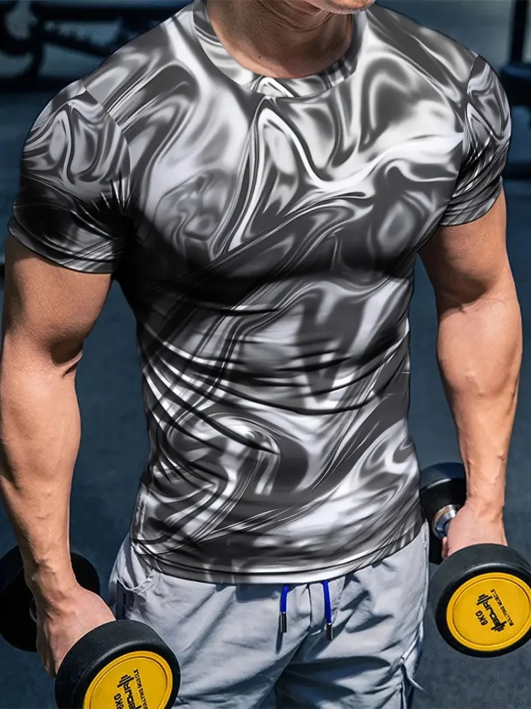 Artistic Line 3D Printed Men\'s Crew Neck Short Sleeve Top Daily Sports Casual Men\'s T-shirt Fashion Men Comfortable Short Sleeve