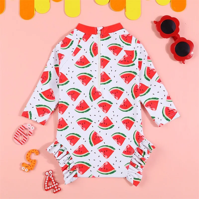 Baby Girls Rash Guard Swimsuits Watermelon Stripe Pattern Zip Up Long Sleeve Crew Neck Infant Girls Swimwears