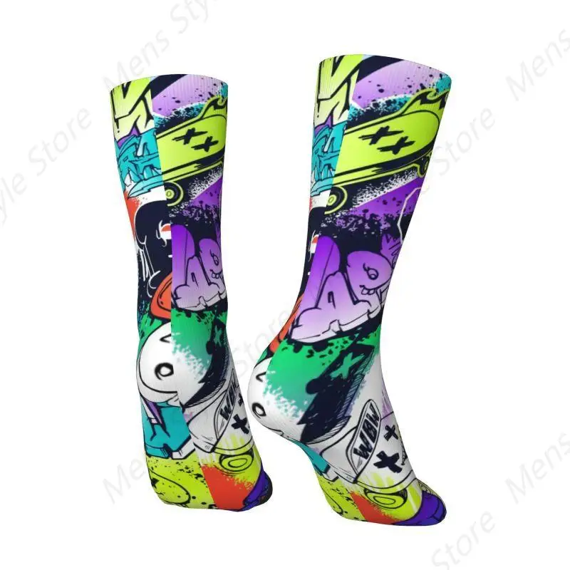 Benutzerdefinierte lustige Herren-Socken im Street-Art-Stil mit Wörtern und Cartoon-Monstern, Unisex, warme, bequeme Graffiti-Kunst-Crew-Socken